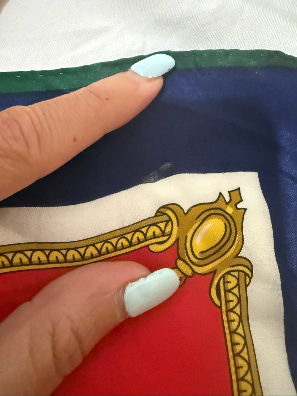 Oscar de la Renta Navy, Red, Green and Gold Medallion Silk Scarf - Picture 4 of 5
